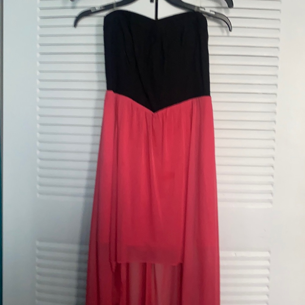 High low strapless pink black dress